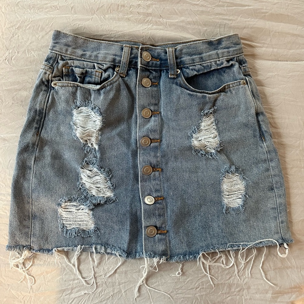 Distressed Button Front Denim Skirt